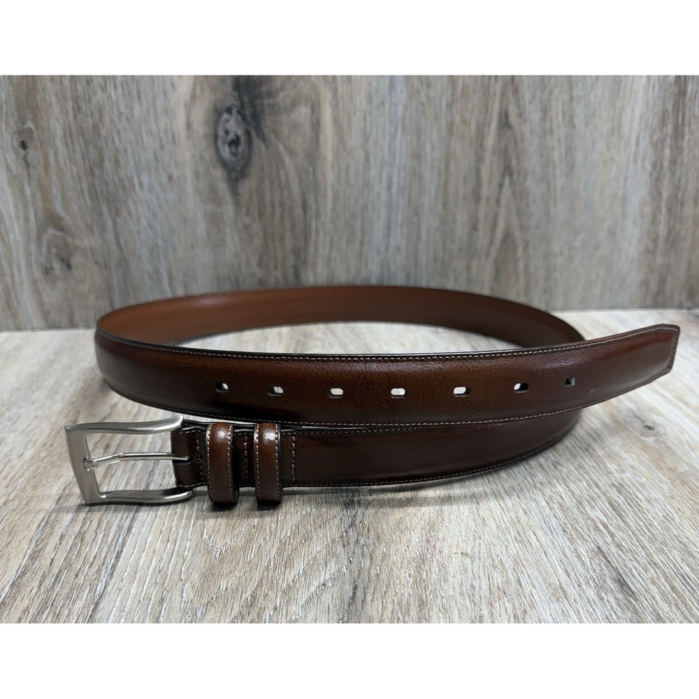 Perry Ellis Dress Belt Mens 38/95 Brown Bonded Leather Silver Buckle